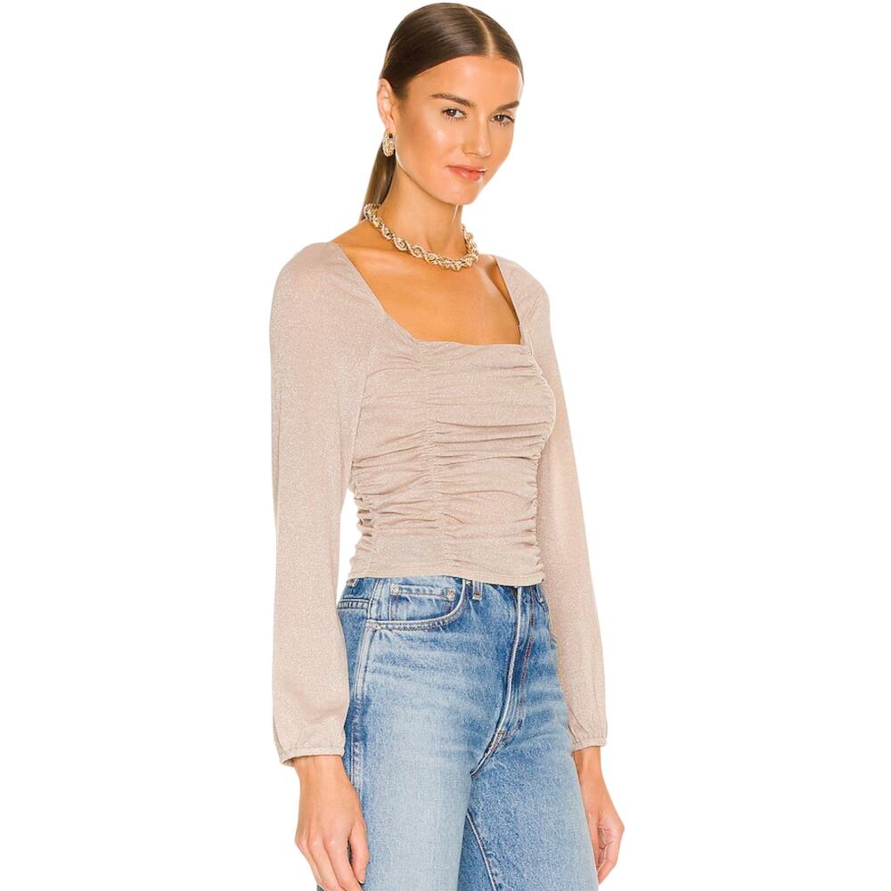 BCBGeneration NWT Champagne Metallic Ruched Square Neck Long Sleeve Crop Top M - Picture 4 of 14